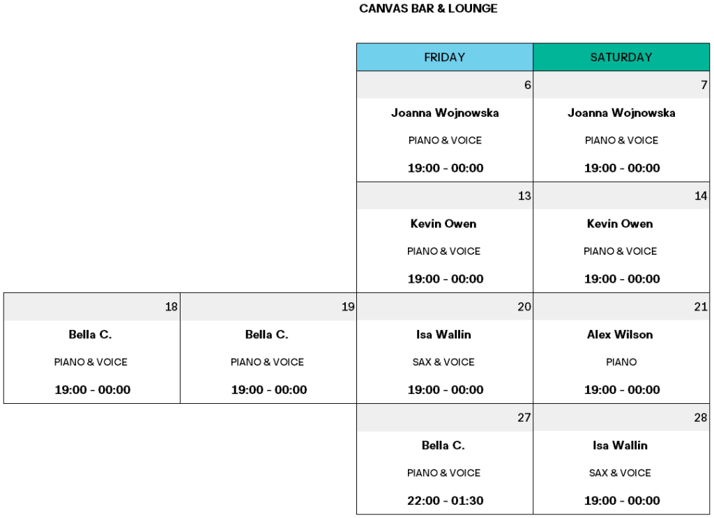 Auf dem Programm der Canvas Bar & Lounge steht im Mai Live-Musik mit Joanna Wojnowska, Kevin Owen, Bella C., Isa Wallin und Alex Wilson. Überprüfen Sie die Daten und Uhrzeiten für jeden Auftritt von Piano & Voice oder Sax & Voice.