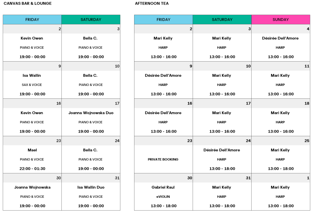 A schedule chart showcasing the Zurich music scene at Canvas Bar & Lounge and Afternoon Tea for March. Each day lists the artist, instrument, and time slots in a grid format for Fridays, Saturdays, and Sundays as part of their live music program.