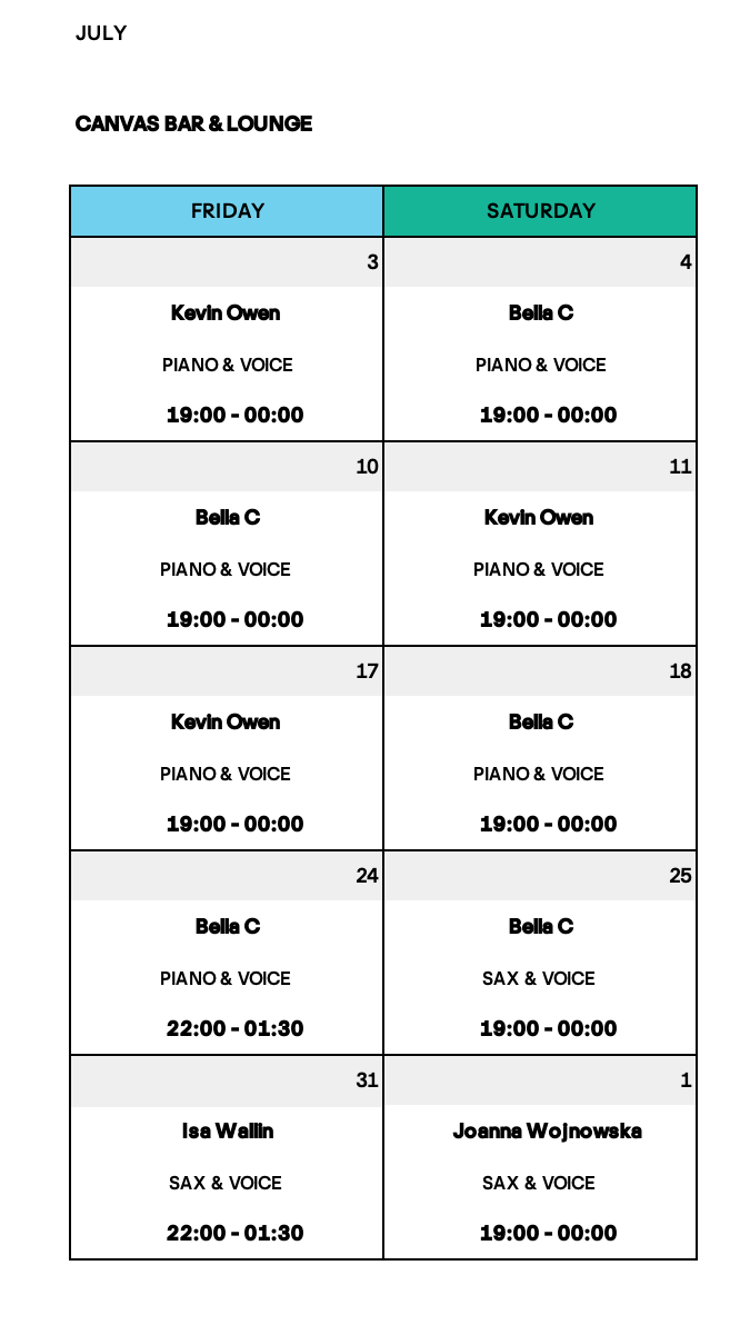 A calendar for July shows the Canvas Bar & Lounge Live Music schedule. Fridays and Saturdays spotlight top talent from the Zurich music scene, including Kevin Owen, Belle C, Isa Wallin, and Joanna Wojnowska with performance times listed.
