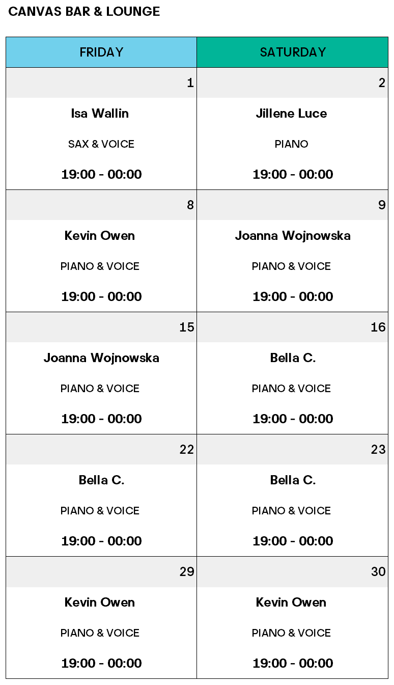 Discover Canvas Bar & Lounge’s vibrant music program, showcasing top talents from the Zurich music scene. Enjoy Live Music with Isa Wallin, Jillene Luce, Kevin Owen, Joanna Wojnowska, and Bella C. every Friday and Saturday, 19:00–00:00.