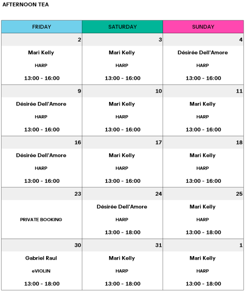 A three-column schedule for Afternoon Tea at the Dolder Grand listing performers, instruments, and times for Fridays, Saturdays, and Sundays in June. Most days feature Mari Kelly on harp; some days feature Désirée Dell’Amore or Gabriel Raul.