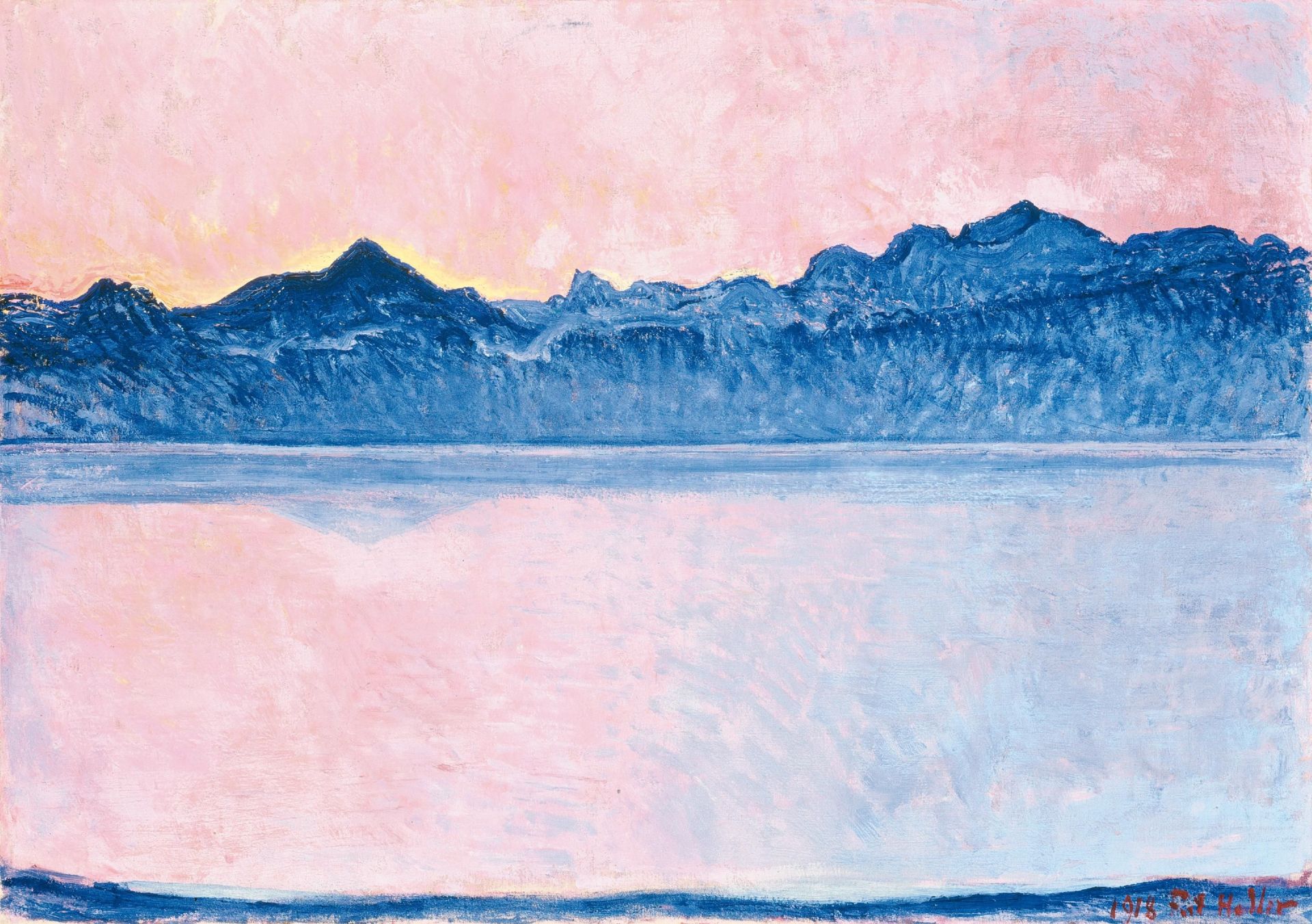 Impressionistisches Gemälde von blauen Bergen, die sich in einem ruhigen See spiegeln, mit einem sanften rosa und gelben Himmel bei Sonnenaufgang oder Sonnenuntergang. Die Gesamtstimmung ist heiter und ruhig.