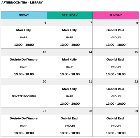 Schedule for Afternoon Tea at the library in June: Mari Kelly plays harp on Fridays and Saturdays, Gabriel Raul plays violin on Sundays, with a private booking on June 21. All performances are from 13:00-18:00.