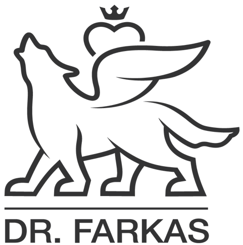 Eine stilisierte Strichzeichnung eines heulenden Wolfs mit Flügeln und einer Krone über dem Rücken, die Langlebigkeit symbolisiert. Unterhalb des Bildes steht der Text DR. FARKAS - als Hinweis auf das Engagement für Medical Wellness Zürich.