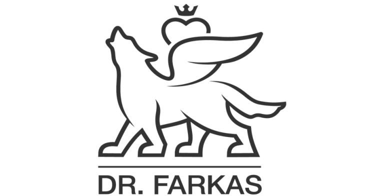 A minimalist logo of a howling wolf with wings and a small crown above its back, standing above the text DR. FARKAS.