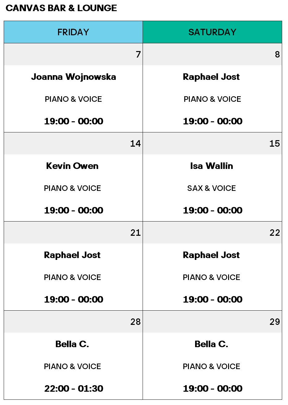 Veranstaltungskalender der Canvas Bar & Lounge für Juni mit einer Auflistung der Künstler sowie den Terminen, Uhrzeiten und Musikrichtungen für freitags und samstags, darunter Joanna Wojnowska, Raphael Jost, Kevin Owen, Isa Wallin und Bella C.