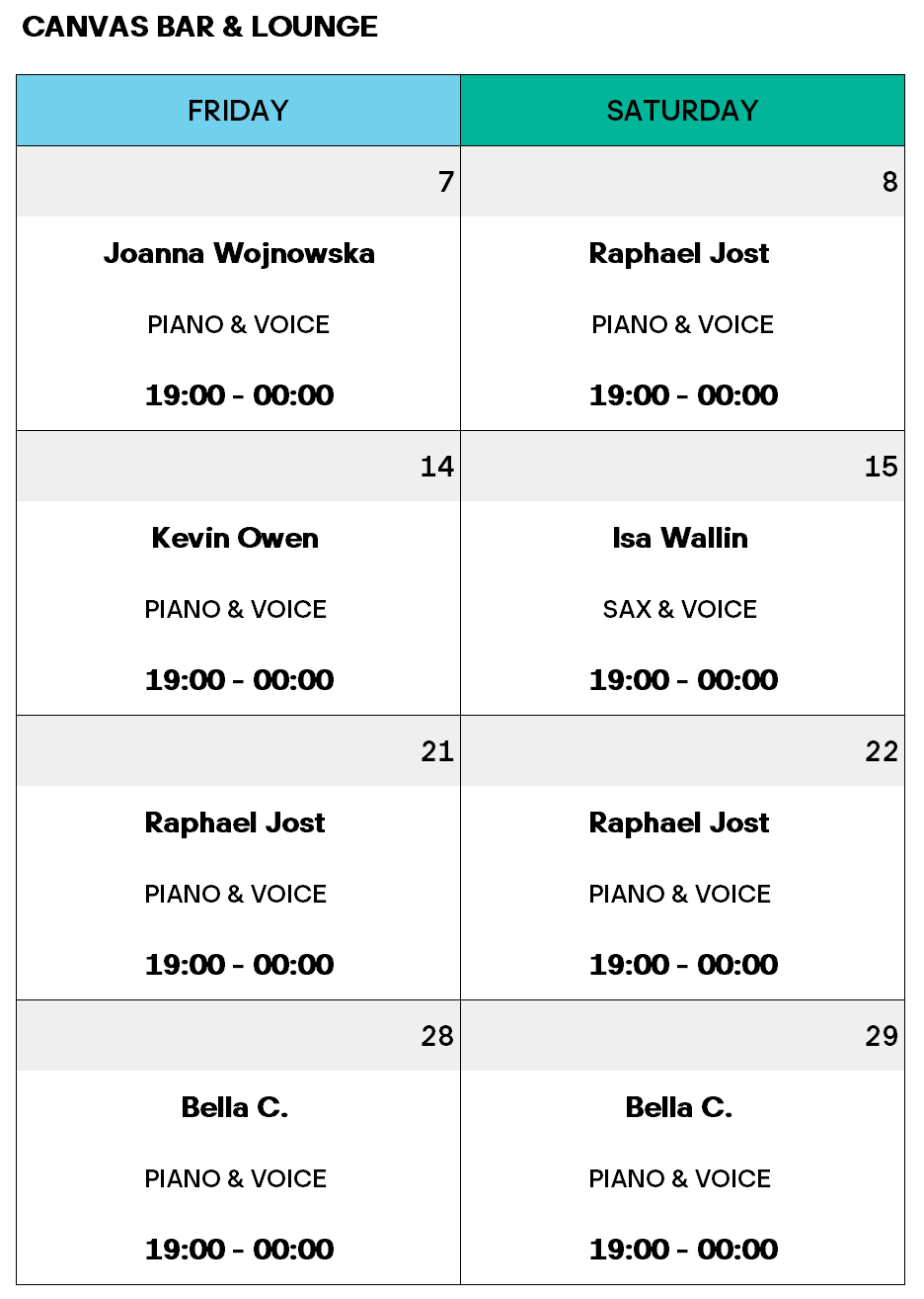 A Canvas Bar & Lounge schedule shows live music Fridays and Saturdays in June, featuring Joanna Wojnowska, Raphael Jost, Kevin Owen, Isa Wallin, and Bella C. from 19:00 to 00:00, with piano, voice, and sax performances.